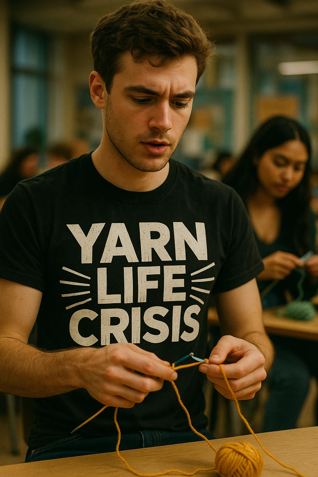 "Yarn Life Crisis" black knitting t shirt, photographed as gifts for knitting lovers