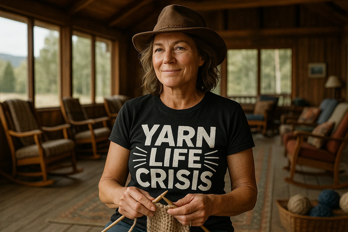 Lifestyle shot of the "Yarn Life Crisis" black knitting t shirt in a real-world setting