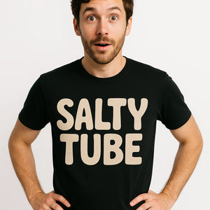 Close-up of the "Salty Tube" beige print on a premium Bella+Canvas black cool as a cucumber t shirt
