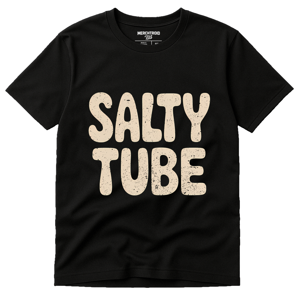 Black Cool As A Cucumber T Shirt - "Salty Tube" graphic tee with beige print, flat lay product photo