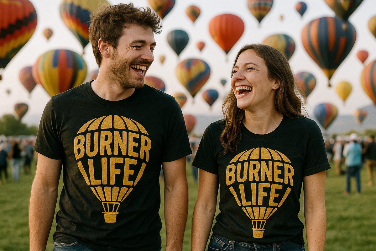 Person wearing the black hot air balloon sweatshirt graphic tee - "Burner Life" design