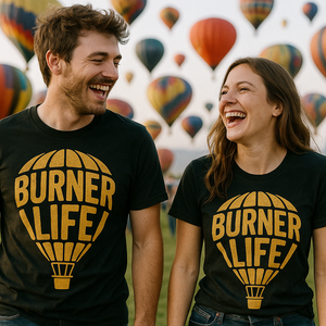 Person wearing the black hot air balloon sweatshirt graphic tee - "Burner Life" design