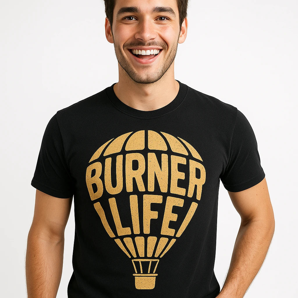Close-up of the "Burner Life" gold print on a premium Bella+Canvas black hot air balloon sweatshirt