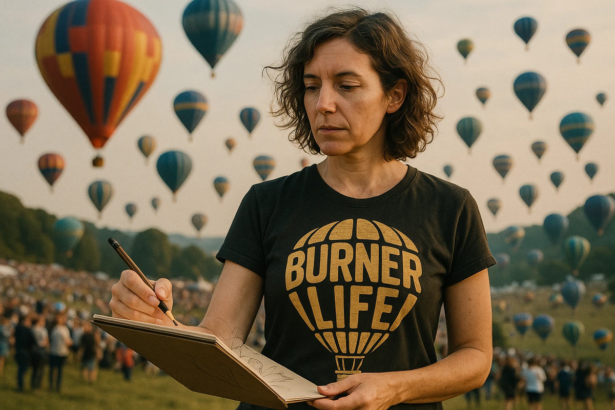 Lifestyle shot of the "Burner Life" black hot air balloon sweatshirt in a real-world setting