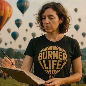 Lifestyle shot of the "Burner Life" black hot air balloon sweatshirt in a real-world setting
