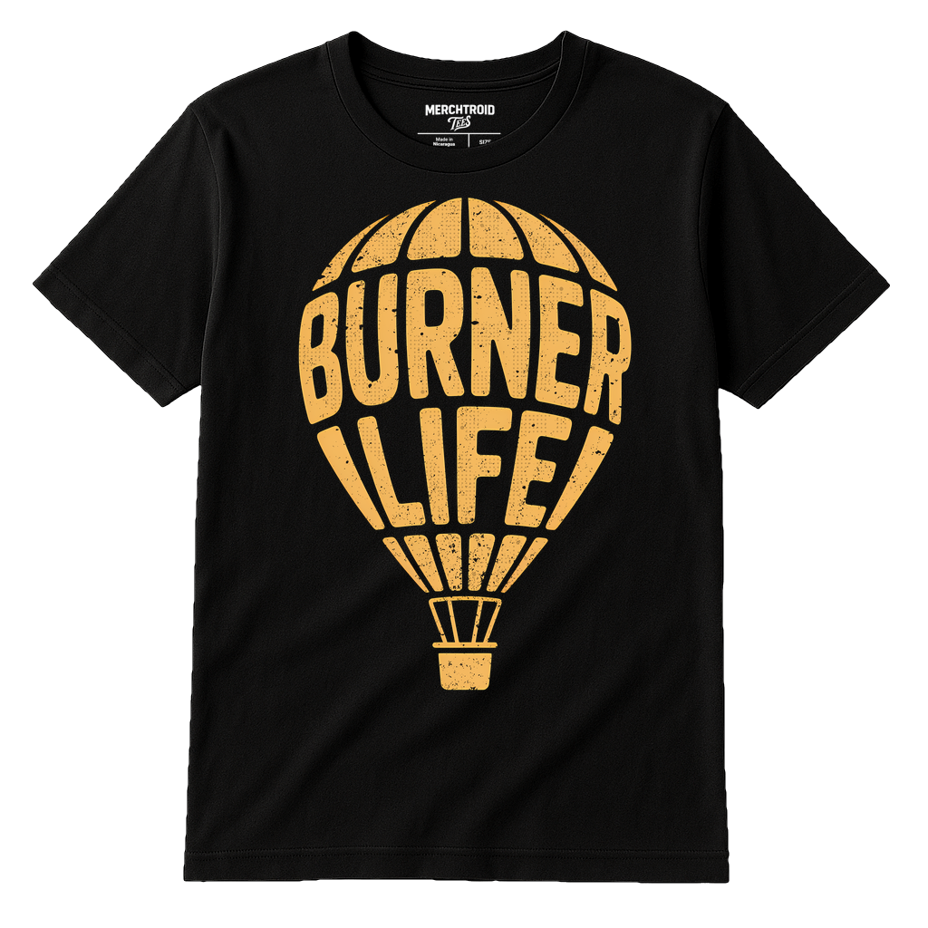 Black Hot Air Balloon Sweatshirt - "Burner Life" graphic tee with gold print, flat lay product photo