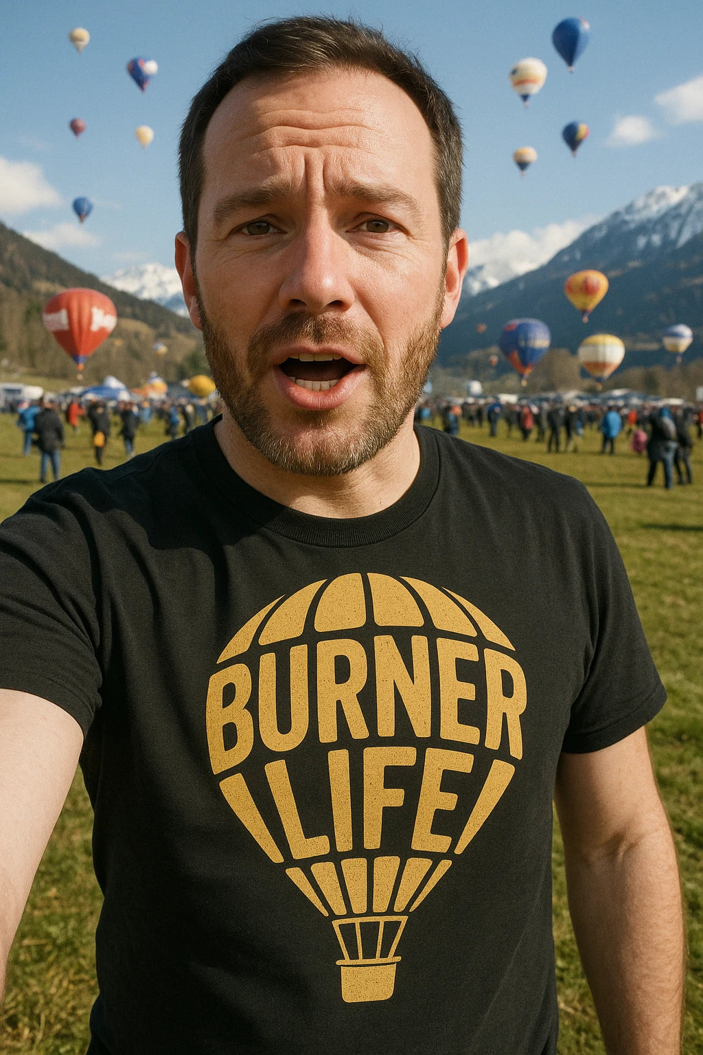 "Burner Life" black hot air balloon sweatshirt, photographed as hot air balloon lover gift