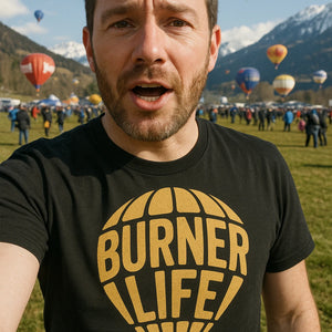 "Burner Life" black hot air balloon sweatshirt, photographed as hot air balloon lover gift
