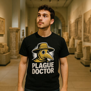Lifestyle shot of the "Plague Doctor Vibes" black black history tee shirts in a real-world setting