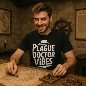 Lifestyle shot of the "Plague Doctor Vibes" black history tee shirts in a real-world setting