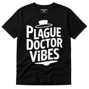 Black History Tee Shirts - "Plague Doctor Vibes" graphic tee with white print, flat lay product photo
