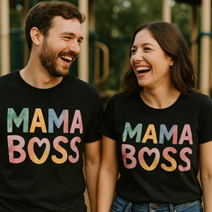 Person wearing the black mom life tee shirt graphic tee - "Mama Boss" design
