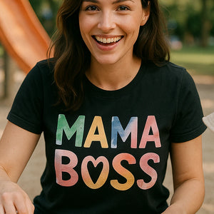 "Mama Boss" black mom life tee shirt, photographed as mom life lover gift