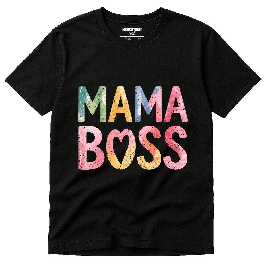 Black Mom Life Tee Shirt - "Mama Boss" graphic tee with tan print, flat lay product photo