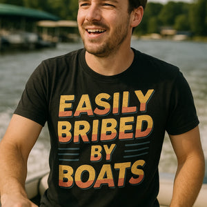 "Easily Bribed By Boats" black t shirt boat neck - also one of the presents for boat lovers