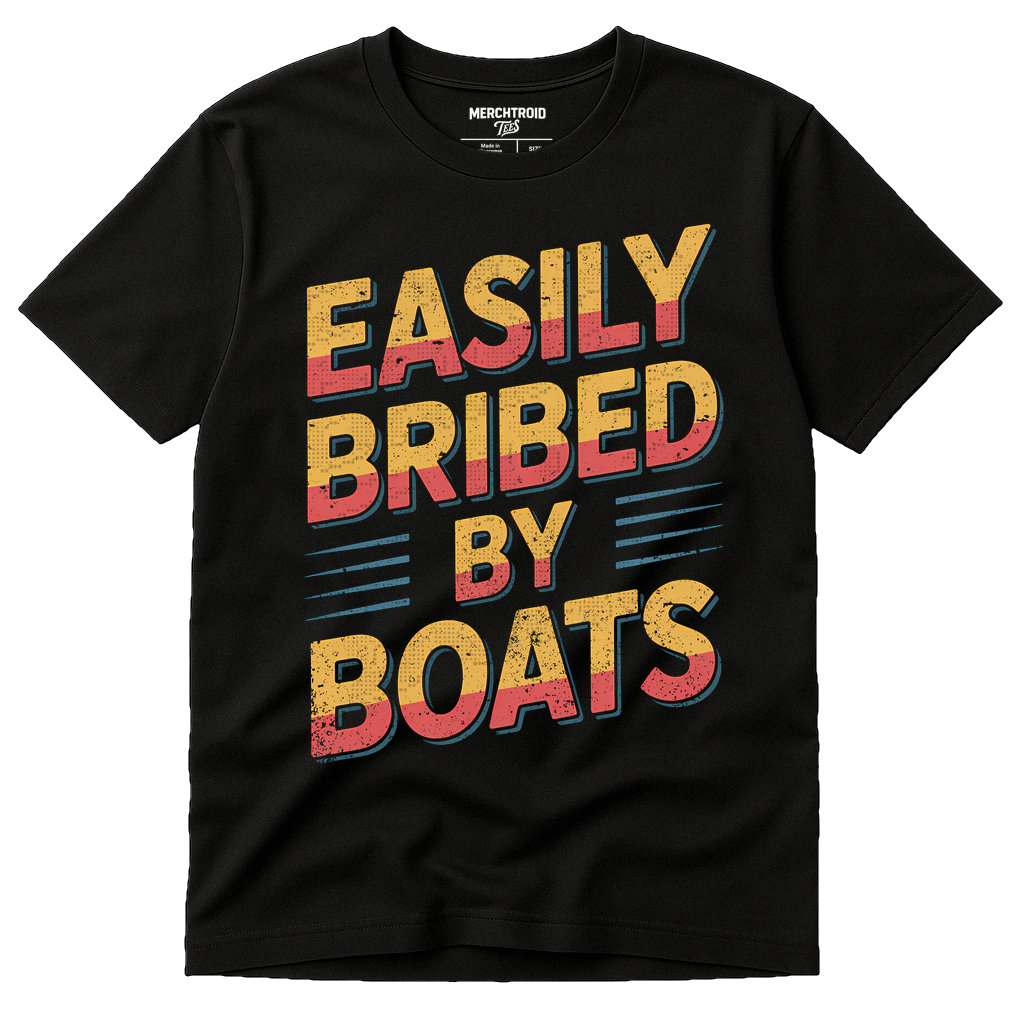 Black T Shirt Boat Neck - "Easily Bribed By Boats" graphic tee with gold print, flat lay product photo