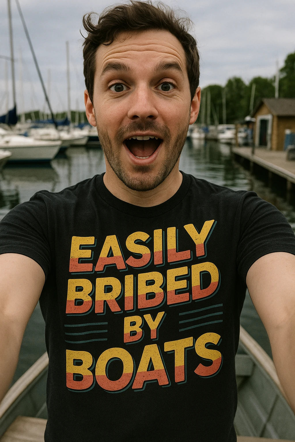 "Easily Bribed By Boats" black t shirt boat neck - also a boat owner gift ideas