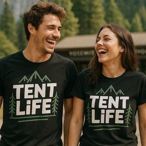 Person wearing the black national park t shirt graphic tee - "Tent Life" design