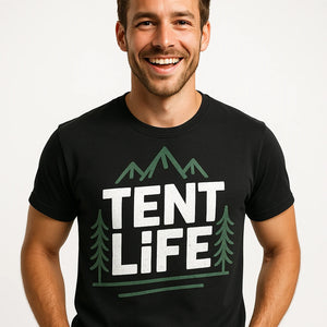 Close-up of the "Tent Life" white print on a premium Bella+Canvas black national park t shirt