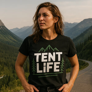Lifestyle shot of the "Tent Life" black national park t shirt in a real-world setting