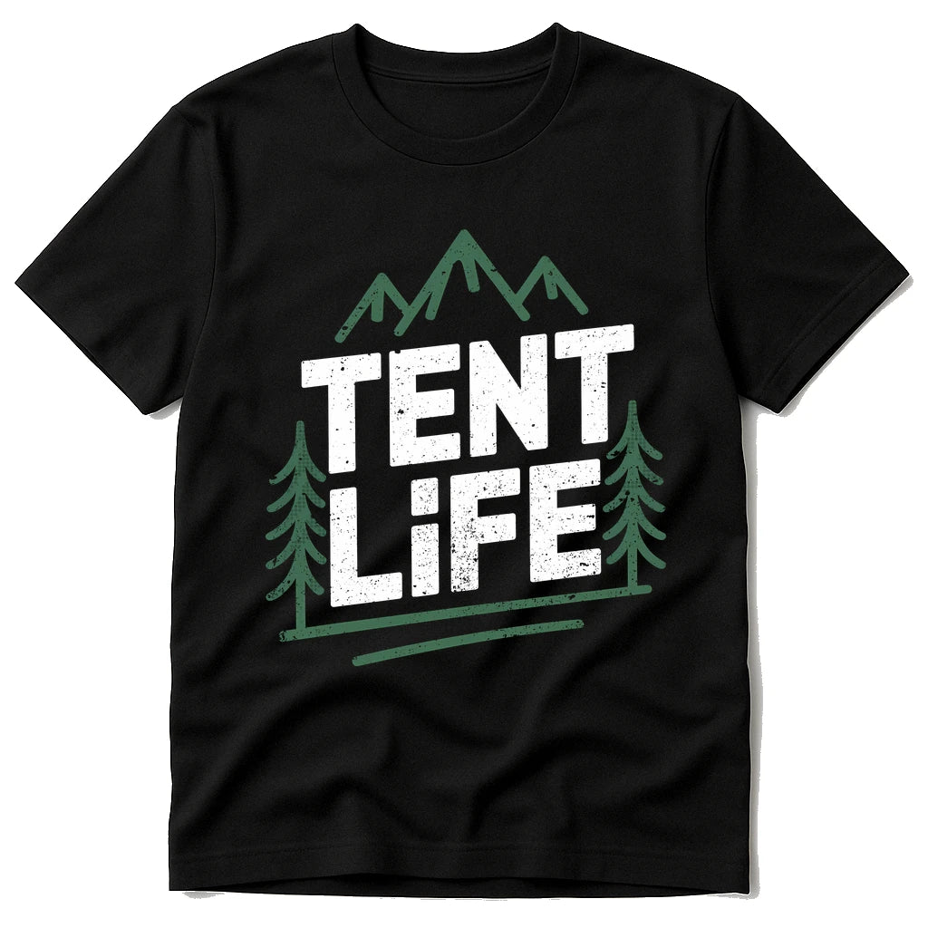 Black National Park T Shirt - "Tent Life" graphic tee with white print, flat lay product photo