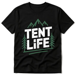 Black National Park T Shirt - "Tent Life" graphic tee with white print, flat lay product photo