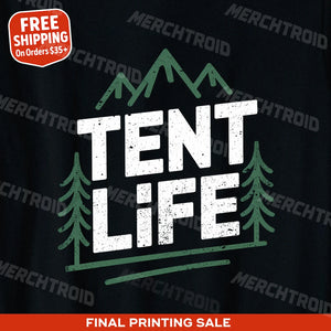 "Tent Life" black national park t shirt, photographed as gift for national park lover
