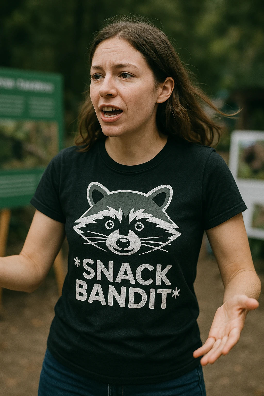 "Snack Bandit" black raccoon t shirt, photographed as gifts for raccoon lovers