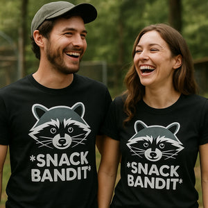 Person wearing the black raccoon t shirt graphic tee - "Snack Bandit" design