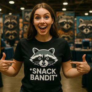 Lifestyle shot of the "Snack Bandit" black raccoon t shirt in a real-world setting