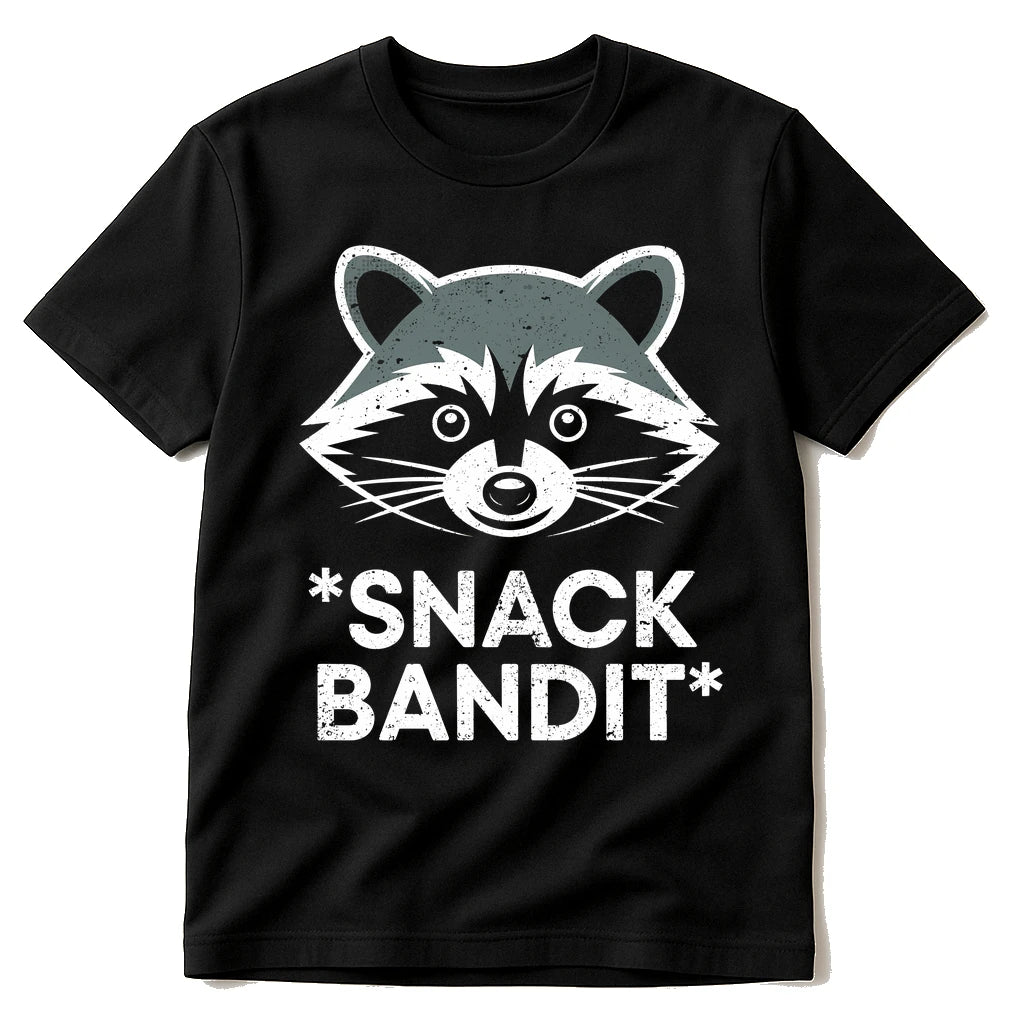 Black Raccoon T Shirt - "Snack Bandit" graphic tee with white print, flat lay product photo
