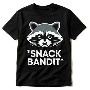 Black Raccoon T Shirt - "Snack Bandit" graphic tee with white print, flat lay product photo