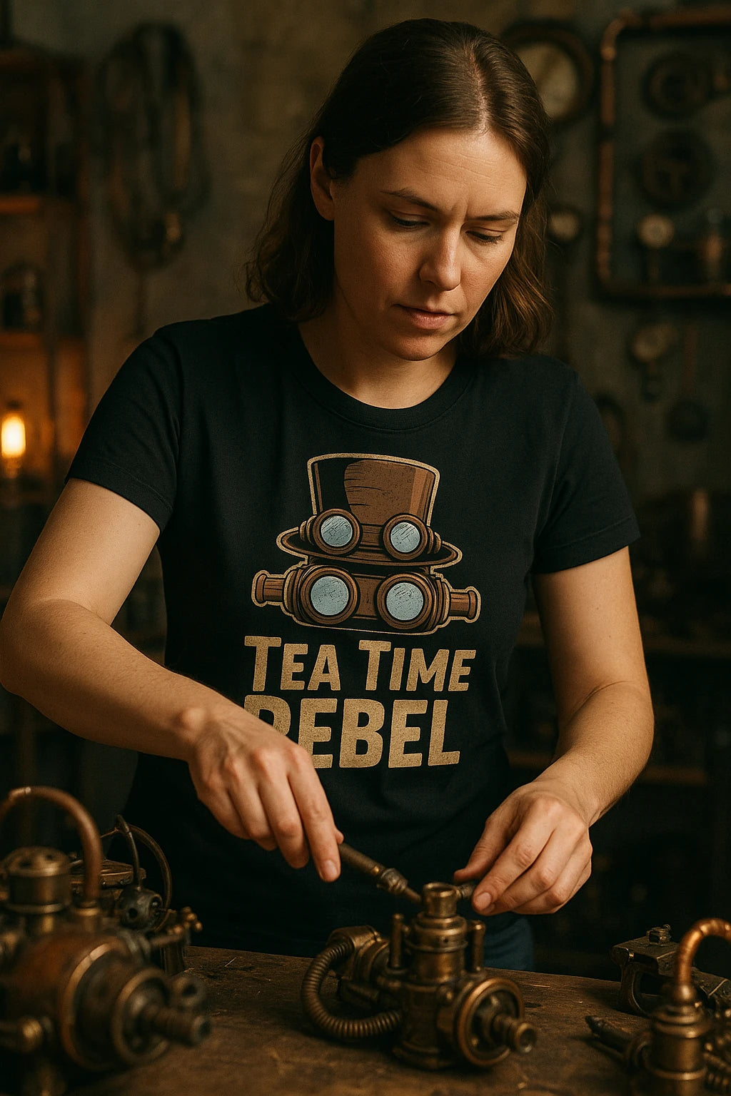 "Tea Time Rebel" black steampunk t shirt design - a birthday gift for steampunk lover