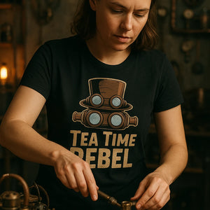 "Tea Time Rebel" black steampunk t shirt design - a birthday gift for steampunk lover