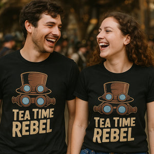 Person wearing the black steampunk t shirt design graphic tee - "Tea Time Rebel" design