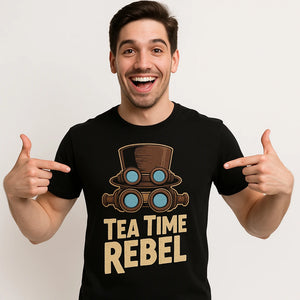 Close-up of the "Tea Time Rebel" tan print on a premium Bella+Canvas black steampunk t shirt design