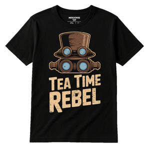 Black Steampunk T Shirt Design - "Tea Time Rebel" graphic tee with tan print, flat lay product photo