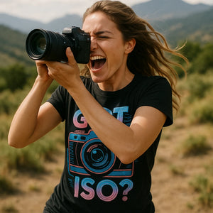 "Got Iso?" black photography t shirt, photographed as gifts for photography buffs