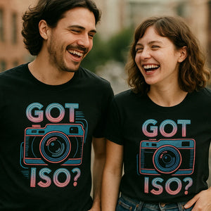 Person wearing the black photography t shirt graphic tee - "Got Iso?" design