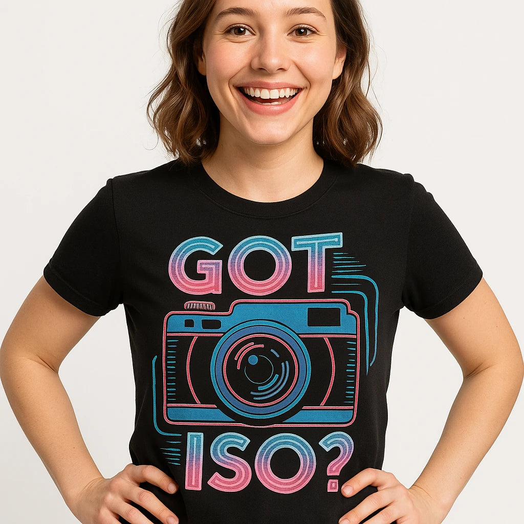 Close-up of the "Got Iso?" teal print on a premium Bella+Canvas black photography t shirt