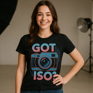 Lifestyle shot of the "Got Iso?" black photography t shirt in a real-world setting