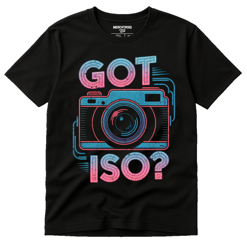 Black Photography T Shirt - "Got Iso?" graphic tee with teal print, flat lay product photo