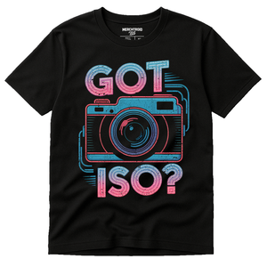 Black Photography T Shirt - "Got Iso?" graphic tee with teal print, flat lay product photo