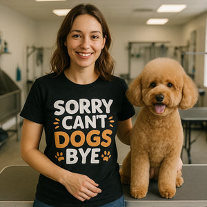 Lifestyle shot of the "Sorry Cant Dogs Bye" black dogs t shirt in a real-world setting