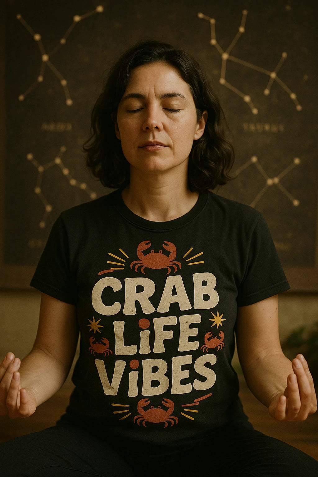 A person with shoulder-length dark hair is sitting in a meditative pose with eyes closed, wearing a black t-shirt that reads "CRAB LIFE VIBES" and features images of crabs. The background shows star constellations on a dark surface.