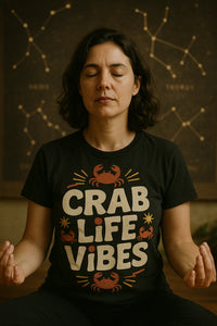 A person with shoulder-length dark hair is sitting in a meditative pose with eyes closed, wearing a black t-shirt that reads 