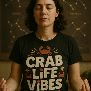 "Crab Life Vibes" black zodiac shirts, photographed as gifts for zodiac lovers