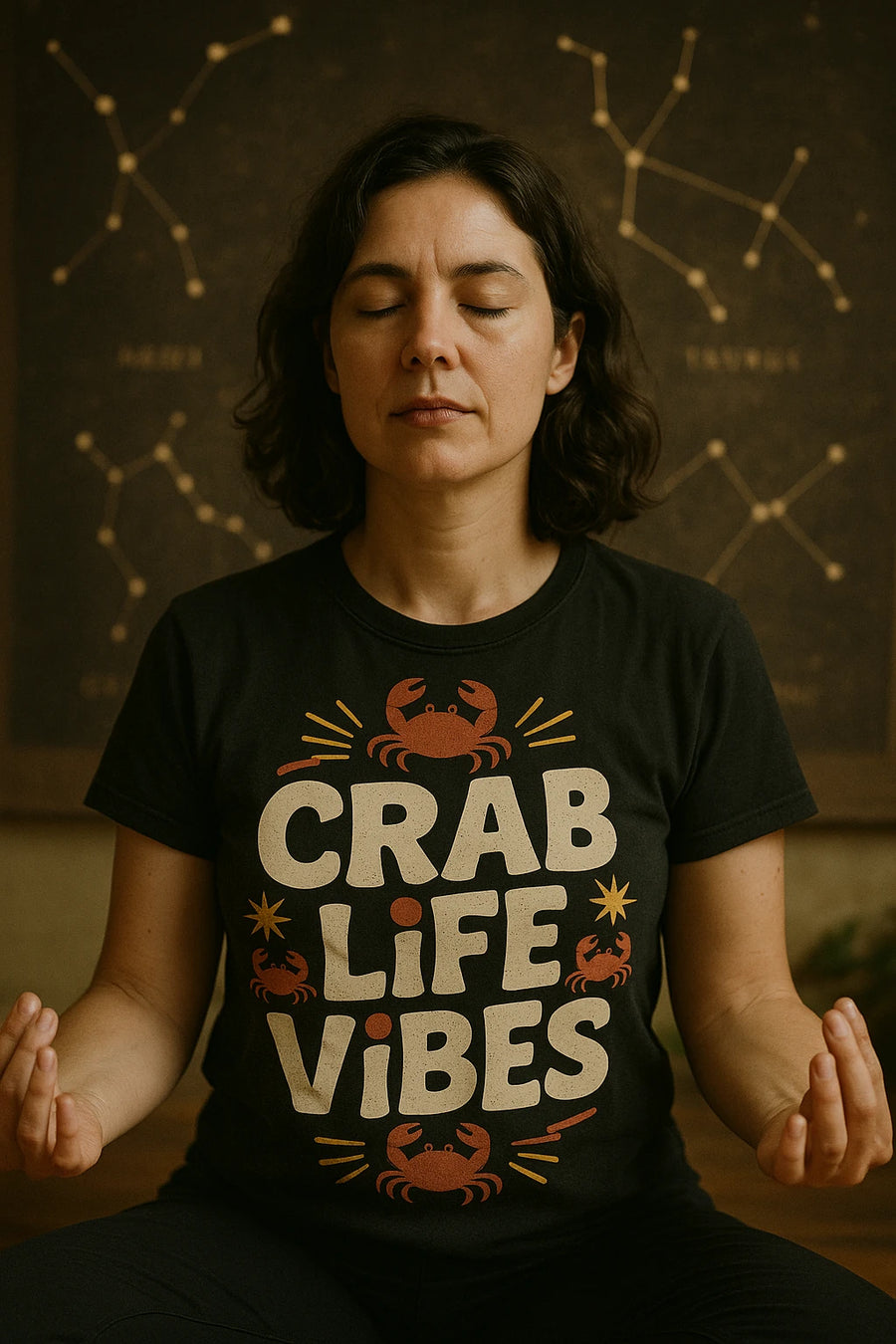 A person with shoulder-length dark hair is sitting in a meditative pose with eyes closed, wearing a black t-shirt that reads "CRAB LIFE VIBES" and features images of crabs. The background shows star constellations on a dark surface.
