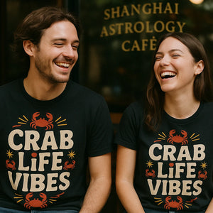 Person wearing the black zodiac shirts graphic tee - "Crab Life Vibes" design