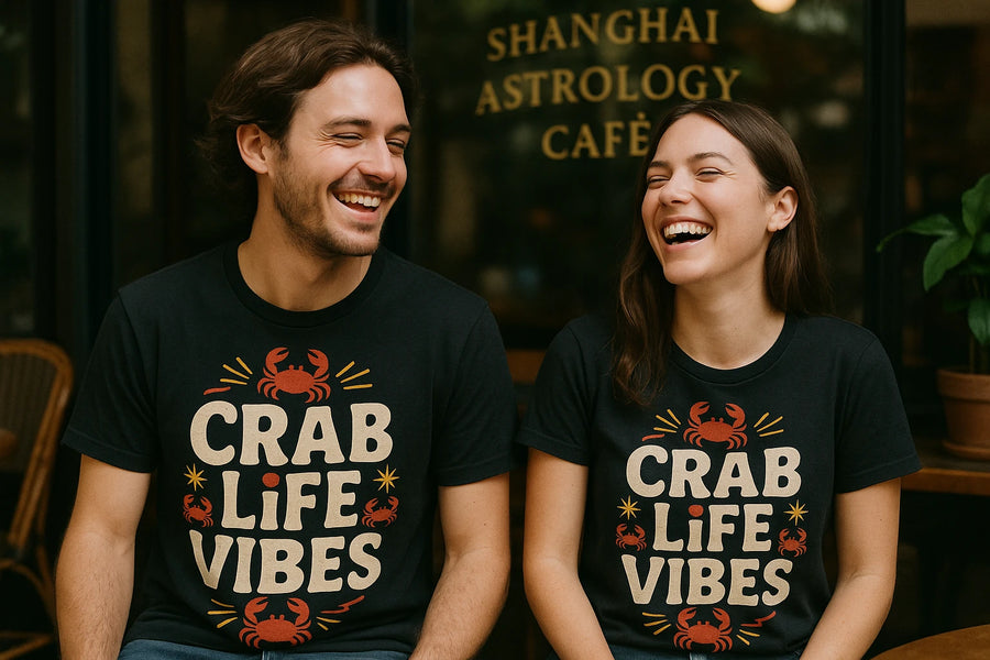 A man and a woman are sitting together, both laughing and wearing matching black t-shirts with the text "CRAB LIFE VIBES" and red crab illustrations. They are outside a café with the words "SHANGHAI ASTROLOGY CAFÉ" on the window behind them.